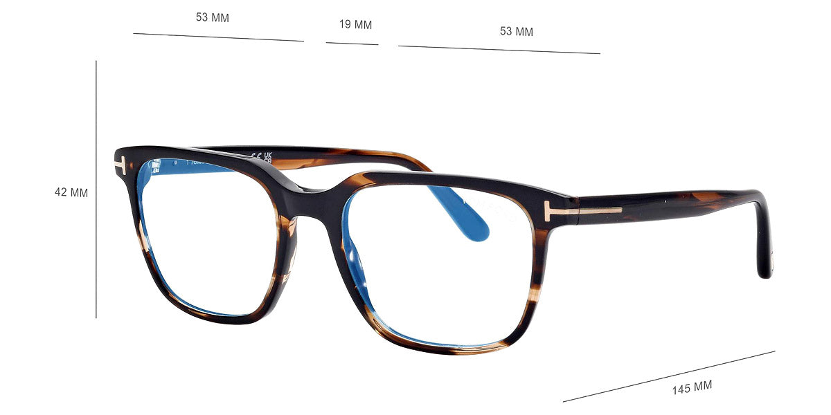 Tom Ford® FT5818-B FT5818-B 050 53 - 050 - Shiny Striped Brown, t" Logo / Blue Block Lenses" Eyeglasses